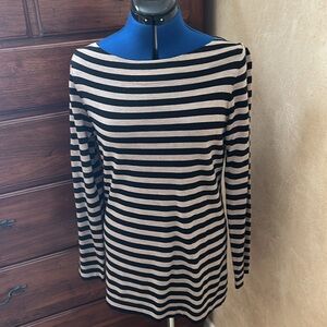 Eileen Fisher Merino Wool camel & black striped tunic top.